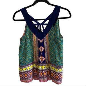 Maeve Anthropologie Silk Tank Top Boho Geometric Print Strappy Back Size 4